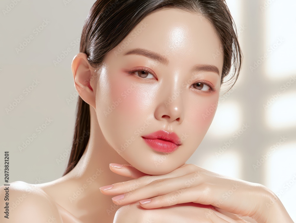 Obraz premium Beautiful young woman with glowing glass skin and natural makeup. Portrait of Asian model with clean complexion for skincare, beauty advertising, cosmetic branding, and dermatology