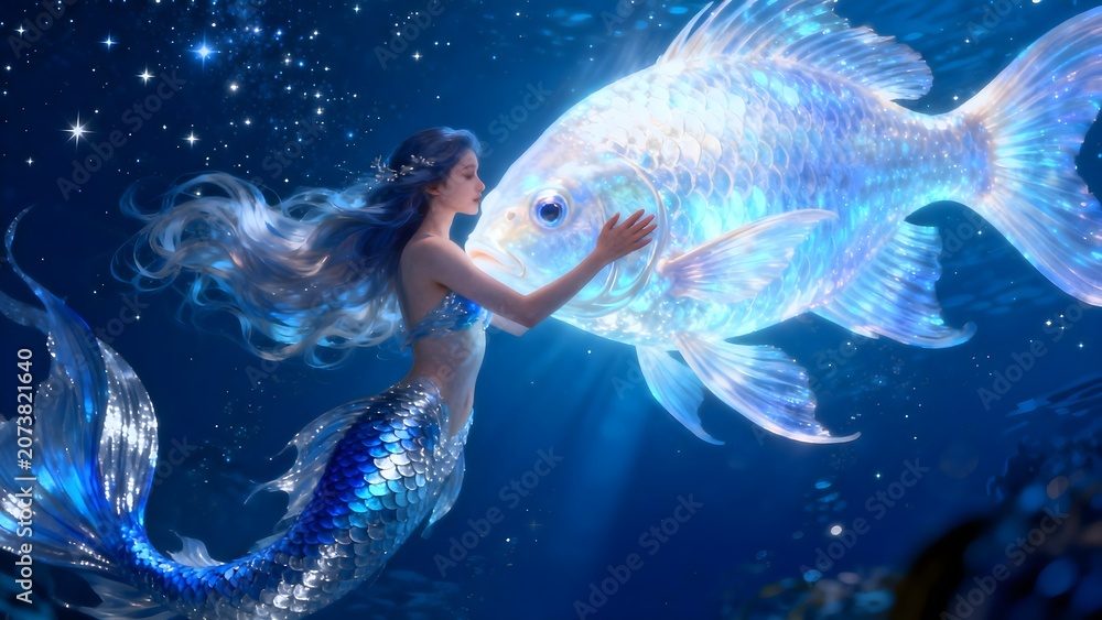 Fototapeta premium Mermaid touching glowing fish underwater
