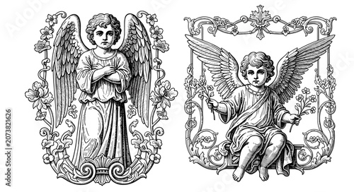 Tableau sur toile Traditional black and white vector illustration of classical cherub angels in ornate baroque frames for religious or decorative art design