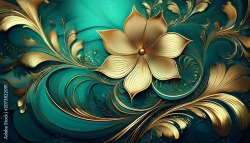Emerald And Gold Abstract Floral Design With Metallic Sheen