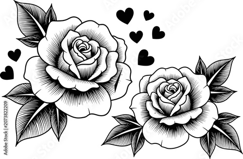 Cuadro en lienzo Elegant black and white traditional rose tattoo vector with hearts, vintage floral illustration for romantic art and classic design elements