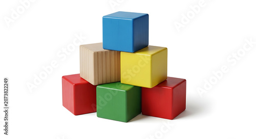 A stack of colorful wooden toy blocks isolated on white background