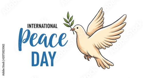 International Peace Day text with dove carrying olive branch illustration International Peace Day