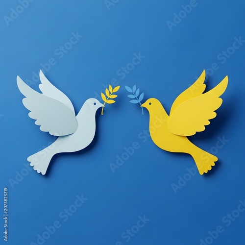 Two paper doves blue and yellow holding leaves on blue background International Peace Day