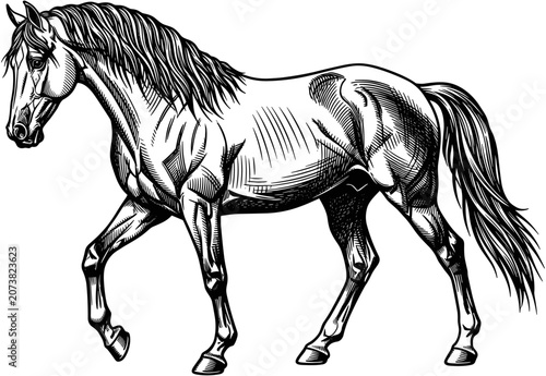 Fotografie Black, and, white, illustration, of, a, majestic, walking, horse, in, a, detaile