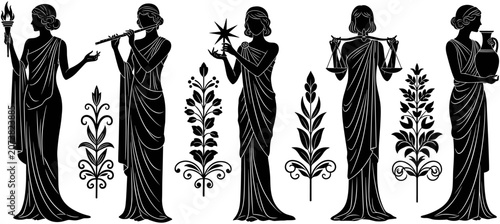 Принти на полотні Black, and, white, silhouette, illustration, of, ancient, Greek, goddesses, or, muses, holding, symbolic, objects, with, decorative, floral, neoclassical, art, ornaments
