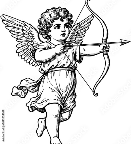 Schilderij op canvas Black, and, white, vintage, engraving, of, a, winged, cupid, shooting, an, arrow, representing, love, romance, valentiness, day, and, classical, mythology