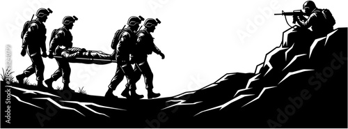 Fotografía Black, and, white, silhouette, illustration, of, military, soldiers, carrying, a, wounded, comrade, on, a, stretcher, during, tactical, rescue, mission, battlefield