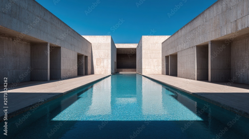 Fototapeta premium brutalist minimalist concrete swimming pool architecture, long rectangular pool with crystal blue water, massive geometric concrete walls, strong