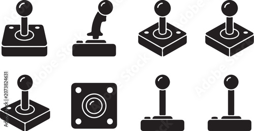 Retro Gaming Joystick Icon Set in Flat Vector Silhouette Style