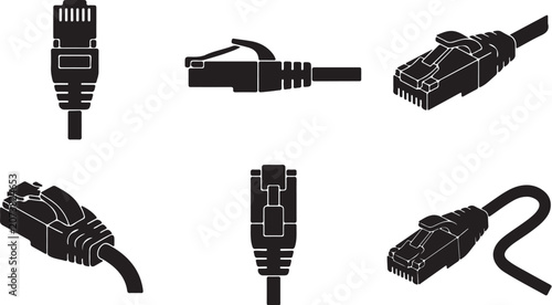 RJ45 Ethernet Connector Icons Set in Minimalist Black Style