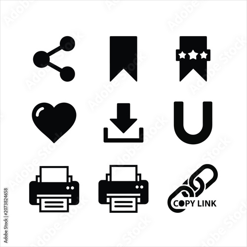 Black silhouette icons for sharing and saving files and links silhouette share save icon white background symbol graphic illustration sign