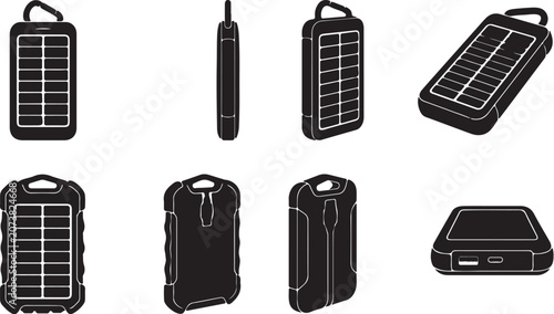 Rugged Solar Power Bank Icon Set for Outdoor Energy and Travel