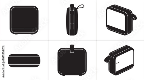 Set of Black and White Wireless Speaker Icons in Different Perspectives