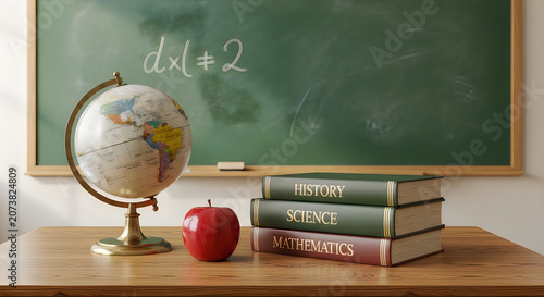 Educational still life with globe books and apple on a wooden desk with chalkboard