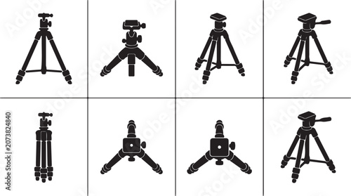 Minimalist Collection of Camera Tripod Silhouettes and Icons