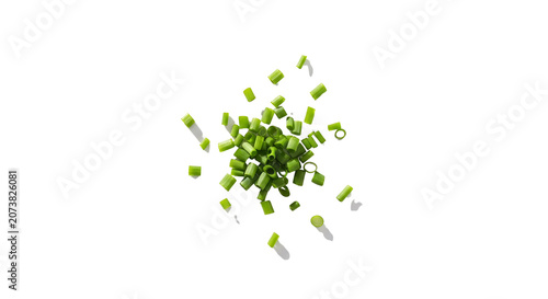 Freshly chopped green onions scattered in a pile, captured from a top-down perspective with hard shadows, isolated on a transparent background for culinary design.