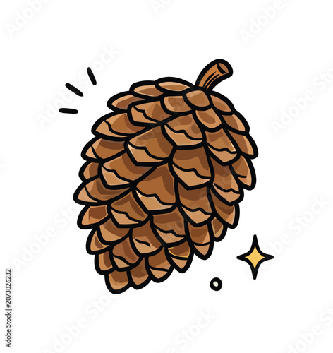 A brown pinecone illustration with sparkles suggesting nature and winter