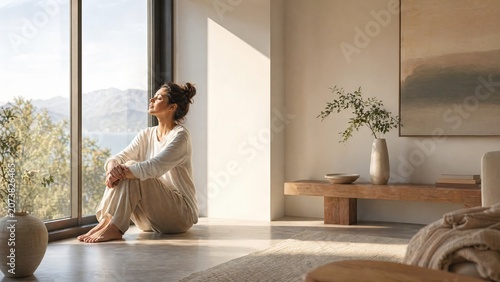 Woman relaxing by window in modern living room enjoying natural light and peaceful atmosphere