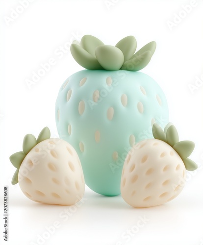 White 3D strawberry in clay style isolated on white background