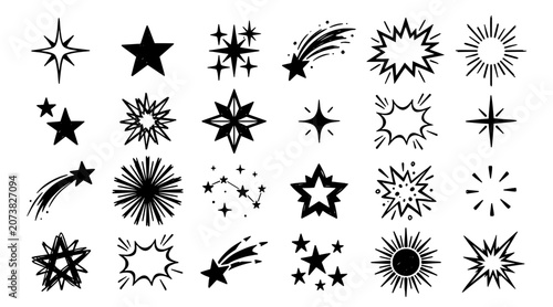 A collection of hand-drawn starbursts, sparkles, and shooting stars in a doodle art style.