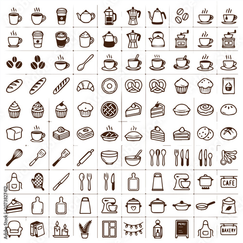 Set of 100 coffee and cafe themed vector line art icons with rolling pin