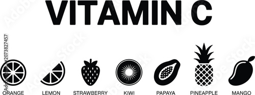 Foto Vitamin C icon set featuring black flat silhouette fruits including orange lemon