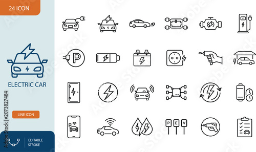 Electric Car Line Icons Set, EV Charging Station and Eco Transportation Outline Symbols. Editable stroke. Vector illustration