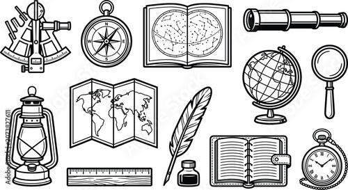 Принти на полотні Vintage navigation tools and traditional cartography equipment vector line art i
