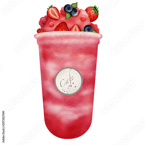 Mixed berries smoothie in clear plastic cup mixed berries topping 