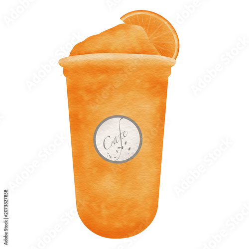 Orange smoothie in clear plastic cup orange topping 