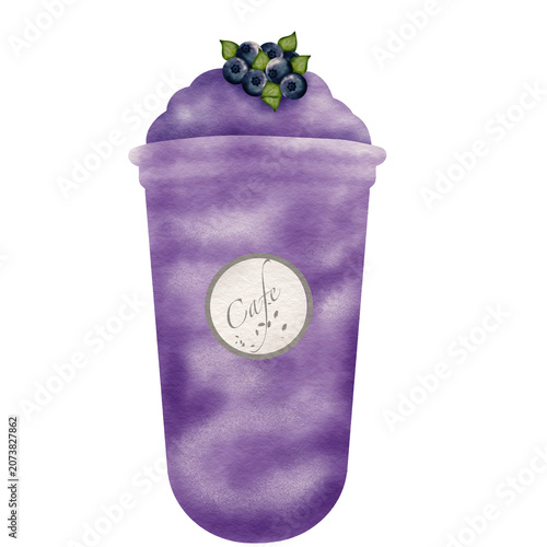 Blueberries smoothie in clear plastic cup blueberries topping 