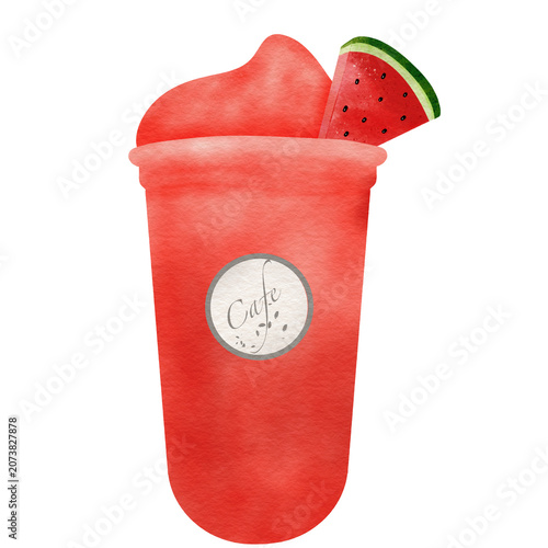 Watermelon smoothie in clear plastic cup watermelon topping 