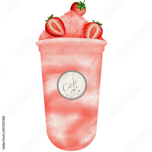 Strawberry smoothie in clear plastic cup strawberry topping 