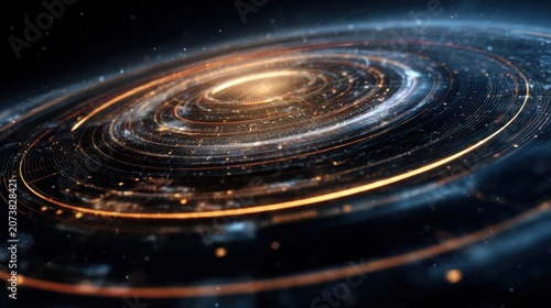 Concentric orbital data rings floating in deep space, glowing streams of information circling a luminous core, futuristic technology visualization