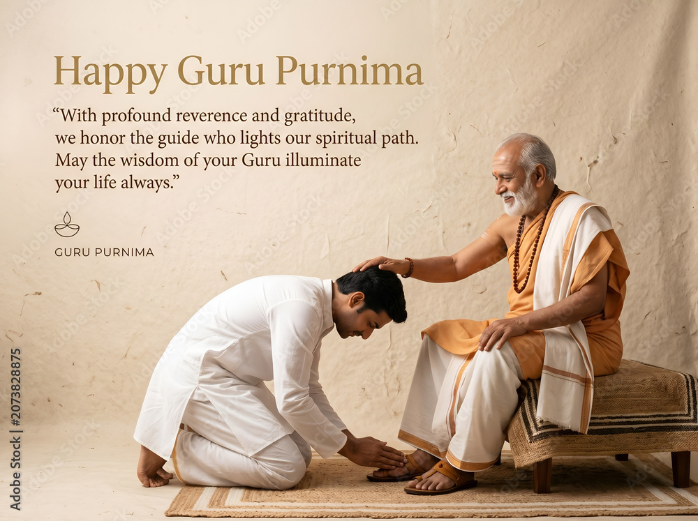 Fototapeta premium Guru Purnima celebration with a wise guru Blessing amidst colorful flowers, fruits, and an open holy book