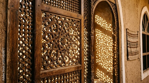 Carved Wooden Mashrabiya Screen Filtering Sunlight in Old Riyadh Building