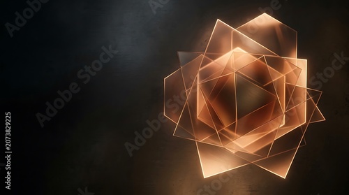 Glowing geometric shape with multiple coppercolored polygonal planes overlapping in a circular formation on a dark background