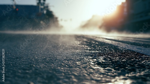 Heavy mist rising from a cold road at sunrise