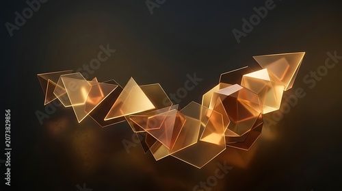 A collection of shiny golden geometric shapes on a dark background with warm lighting effects and reflections