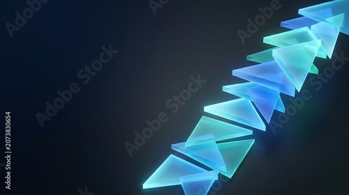 Glowing blue arrows pointing upwards in a diagonal line on a dark background