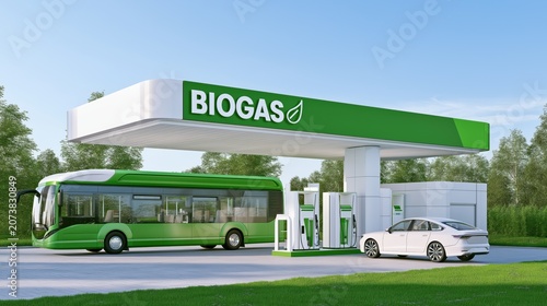 Modern Biogas Fuel Station with Green Bus and Electric Car Sustainable Transportation Infrastructure