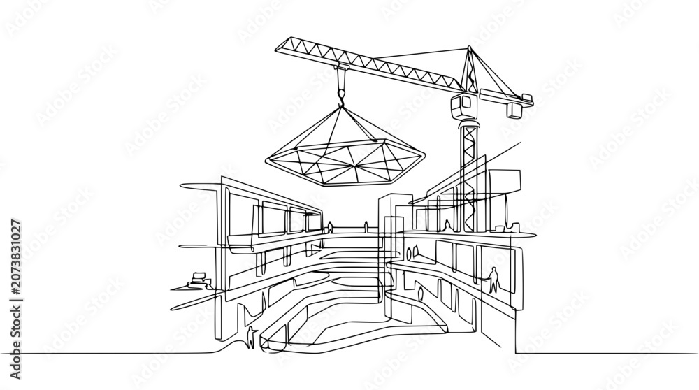 Fototapeta premium Construction crane lifting architectural element, modern building blueprint sketch