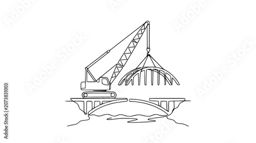 Fotografi Crane lifting bridge segment over river during construction, line art illustrati