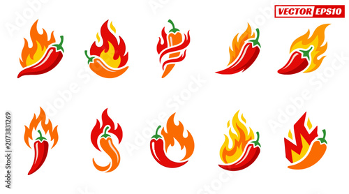 Collection of fiery chili pepper logos with vibrant flames symbolizing intense heat and spice.