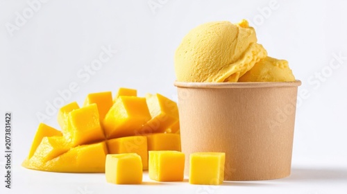 Creamy mango ice cream in a paper cup with juicy mango cubes scattered nearby, clean white background, refreshing summer dessert concept, hyper