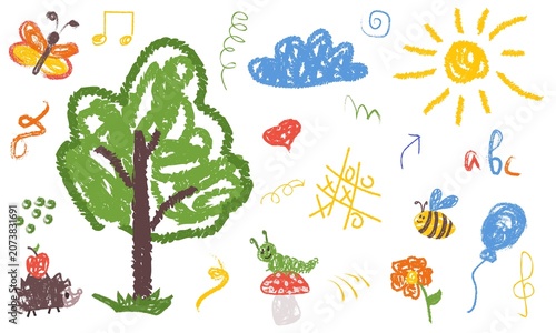 фотографія Playful childlike crayon drawing of a tree with animals, insects, sun, cloud, ba