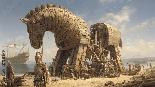 Ancient Greek Warriors Constructing a Colossal Wooden Horse Sculpture on a Mediterranean Shoreline as a Stratagem of War