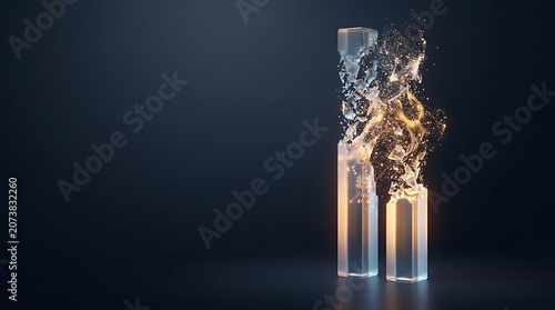Glowing glass bars shattering with particles exploding