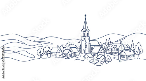 Charming village landscape with church, hand-drawn line art illustration